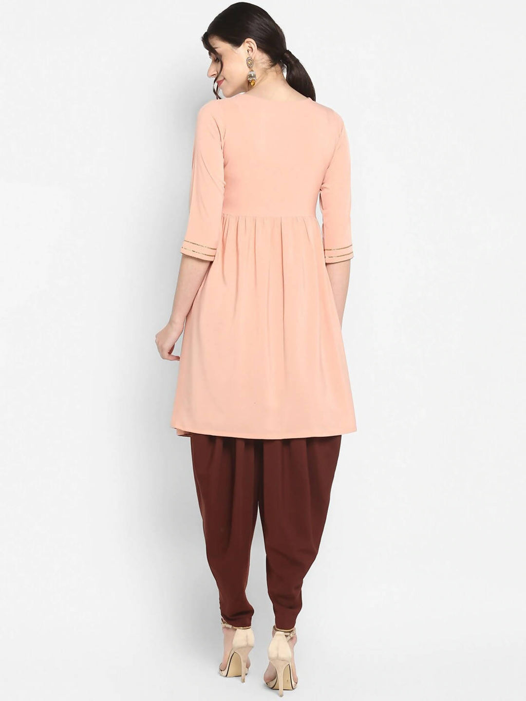 Janasya Women Peach-Coloured & Maroon Printed Angrakha Gotta Patti Kurta with Dhoti Pants | Grocsy