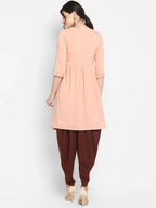 Janasya Women Peach-Coloured & Maroon Printed Angrakha Gotta Patti Kurta with Dhoti Pants | Grocsy