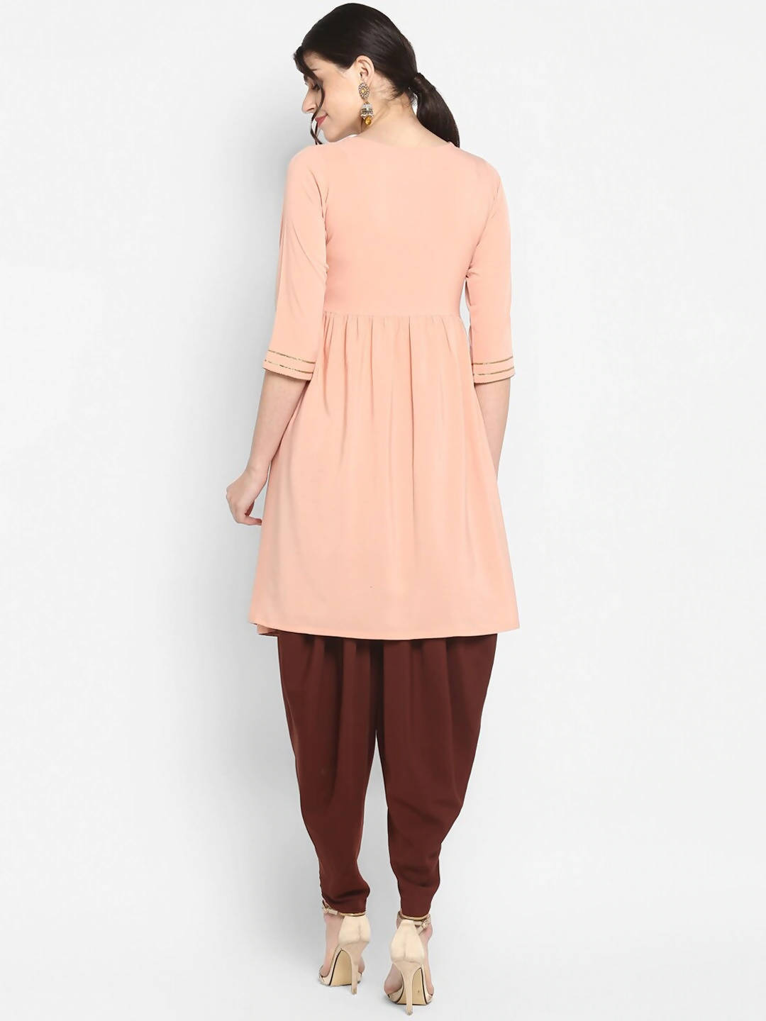 Janasya Women Peach-Coloured & Maroon Printed Angrakha Gotta Patti Kurta with Dhoti Pants | Grocsy