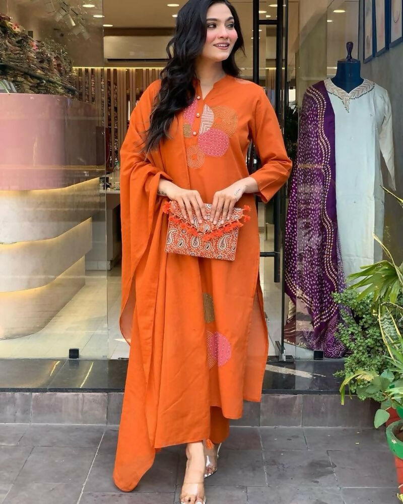 Teeya Creation Women Orange Geometric Embroidered Straight Kurta with Pants and Dupatta Set | Grocsy