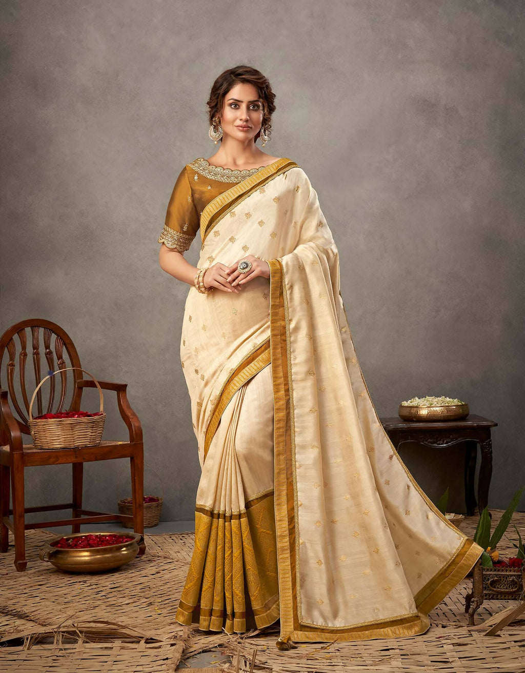Off-White And Mustard Yellow Tusser Silk Zari And Sequins Embroidery Saree - Norita Arinya | Grocsy