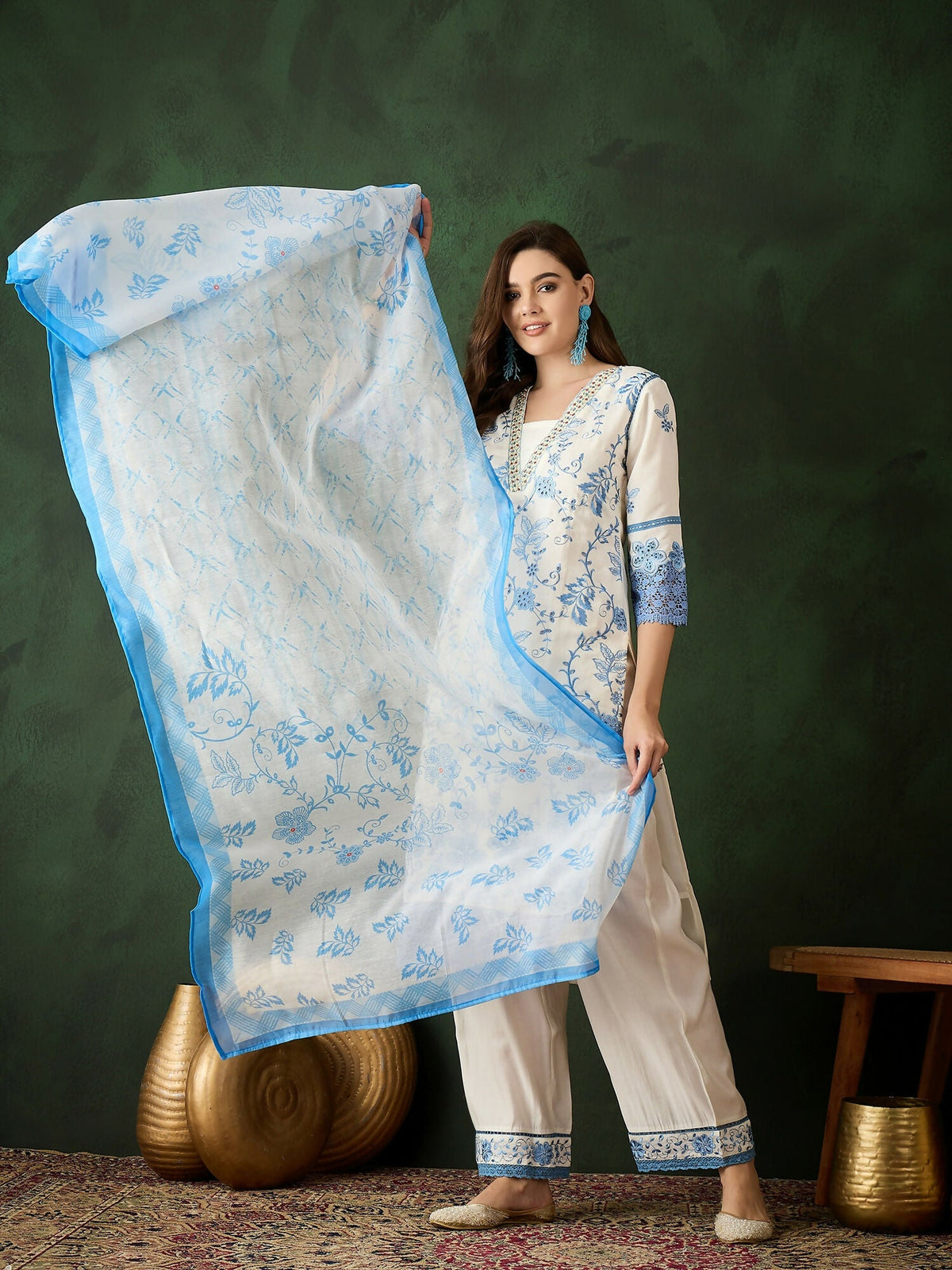 Blue & White Roman Silk Embroidered Kurta With Trouser & Dupatta - Bhumi | Grocsy