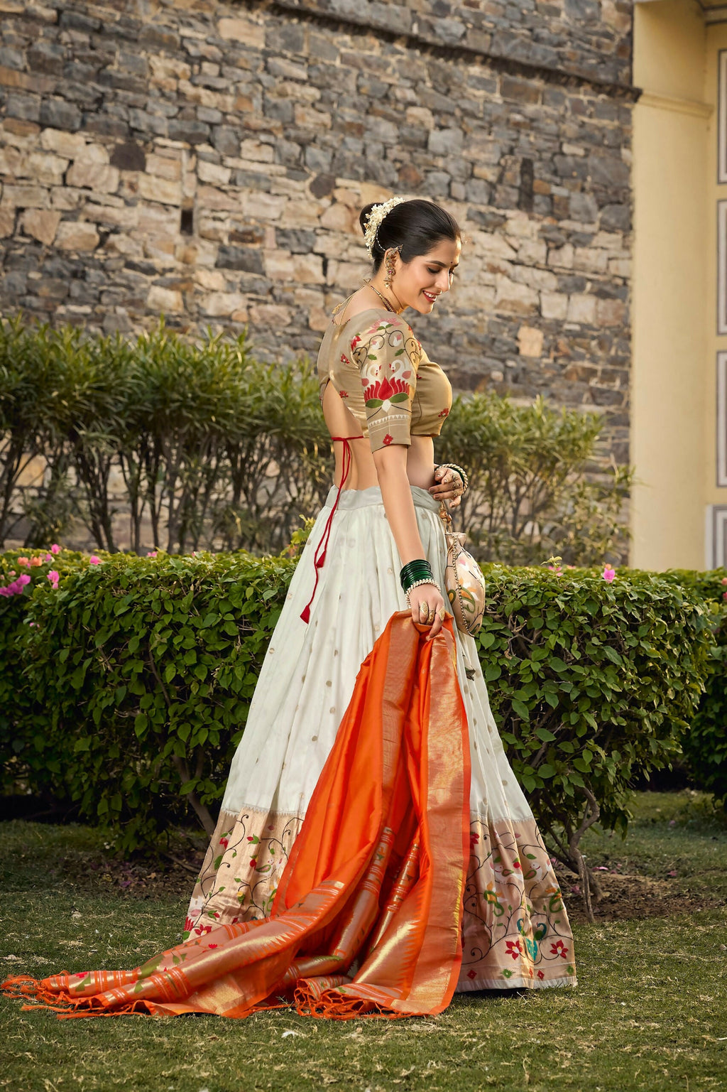 Vastranavya Traditional Jacquard Silk Paithani Lehenga Choli - White | Grocsy