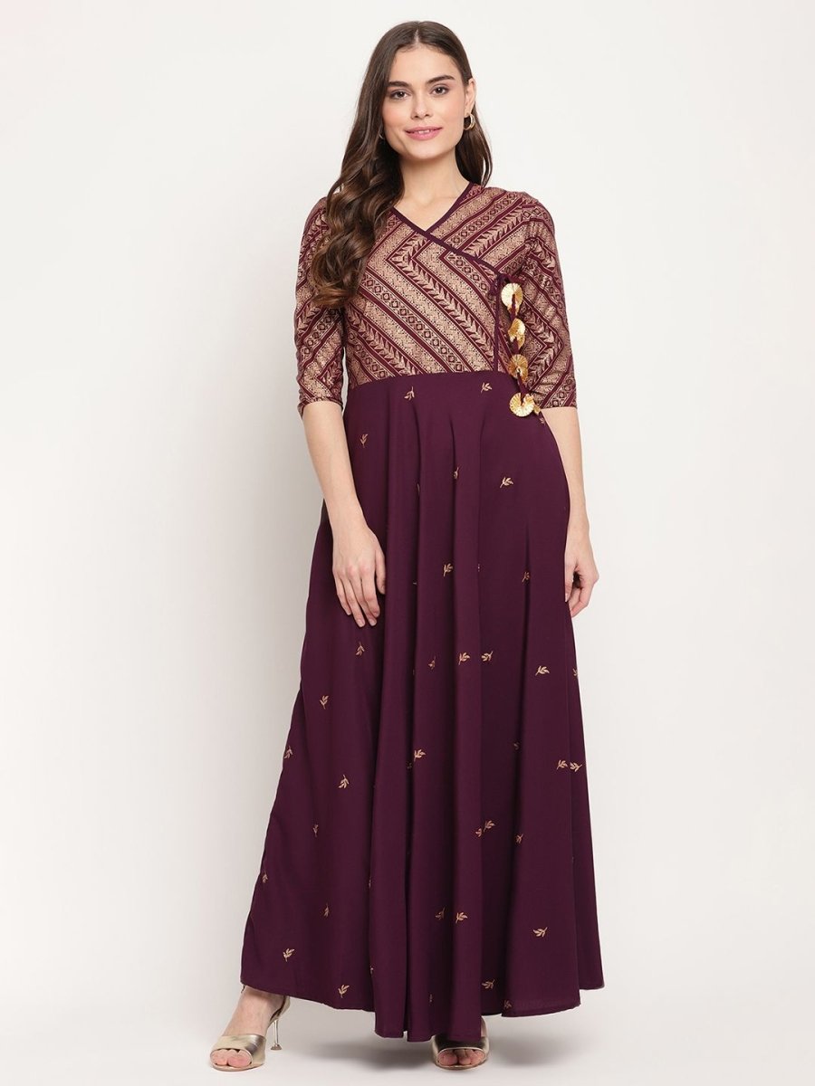 Ahalyaa Women Crepe Wine Colour Glitter Print Kurta | Grocsy