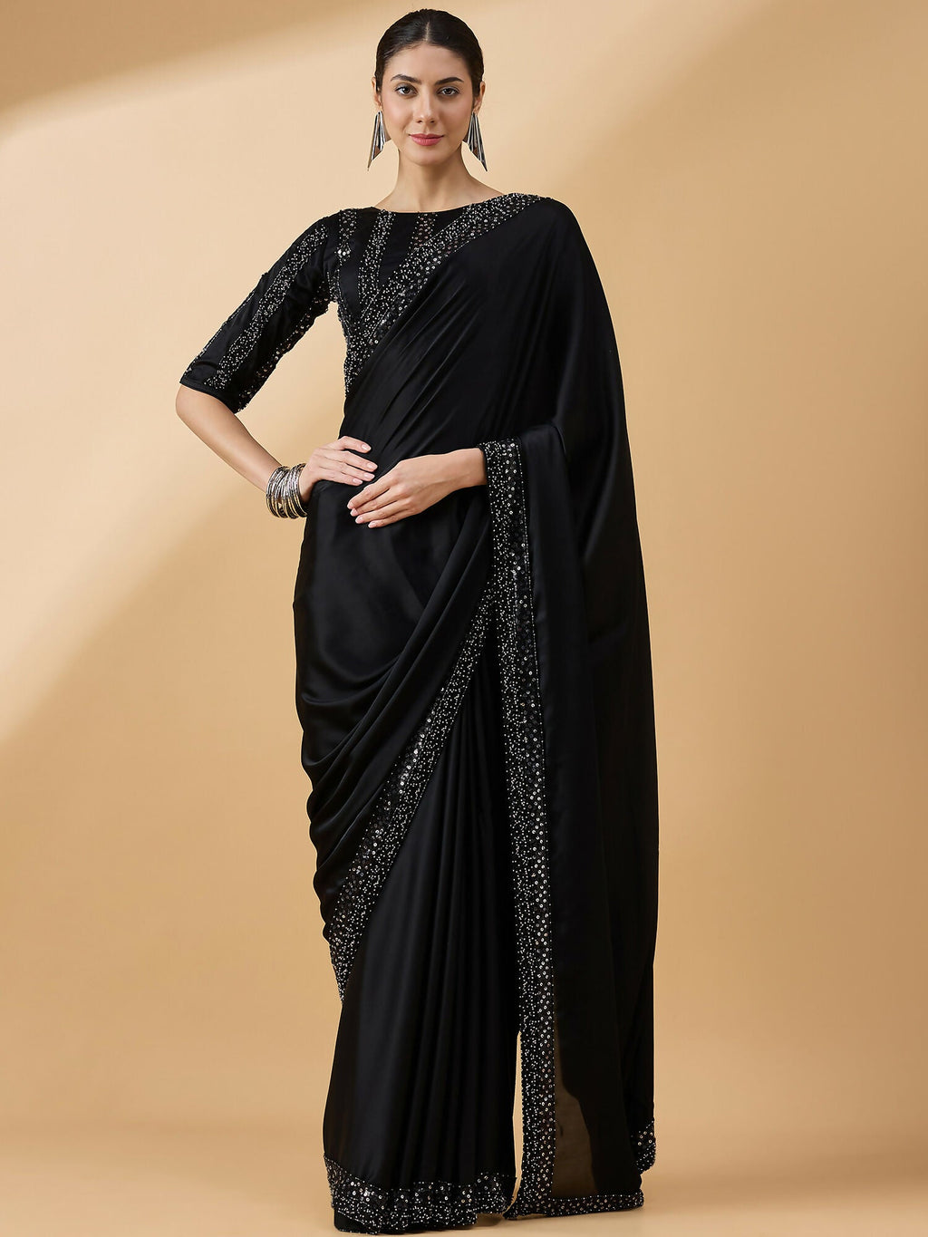 Black Satin Solid Sequence Work Saree with Stitched Blouse - Dharavi | Grocsy
