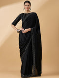 Black Satin Solid Sequence Work Saree with Stitched Blouse - Dharavi | Grocsy