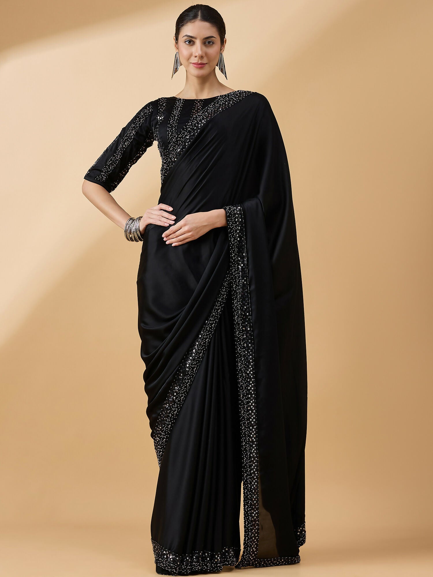 Black Satin Solid Sequence Work Saree with Stitched Blouse - Dharavi | Grocsy