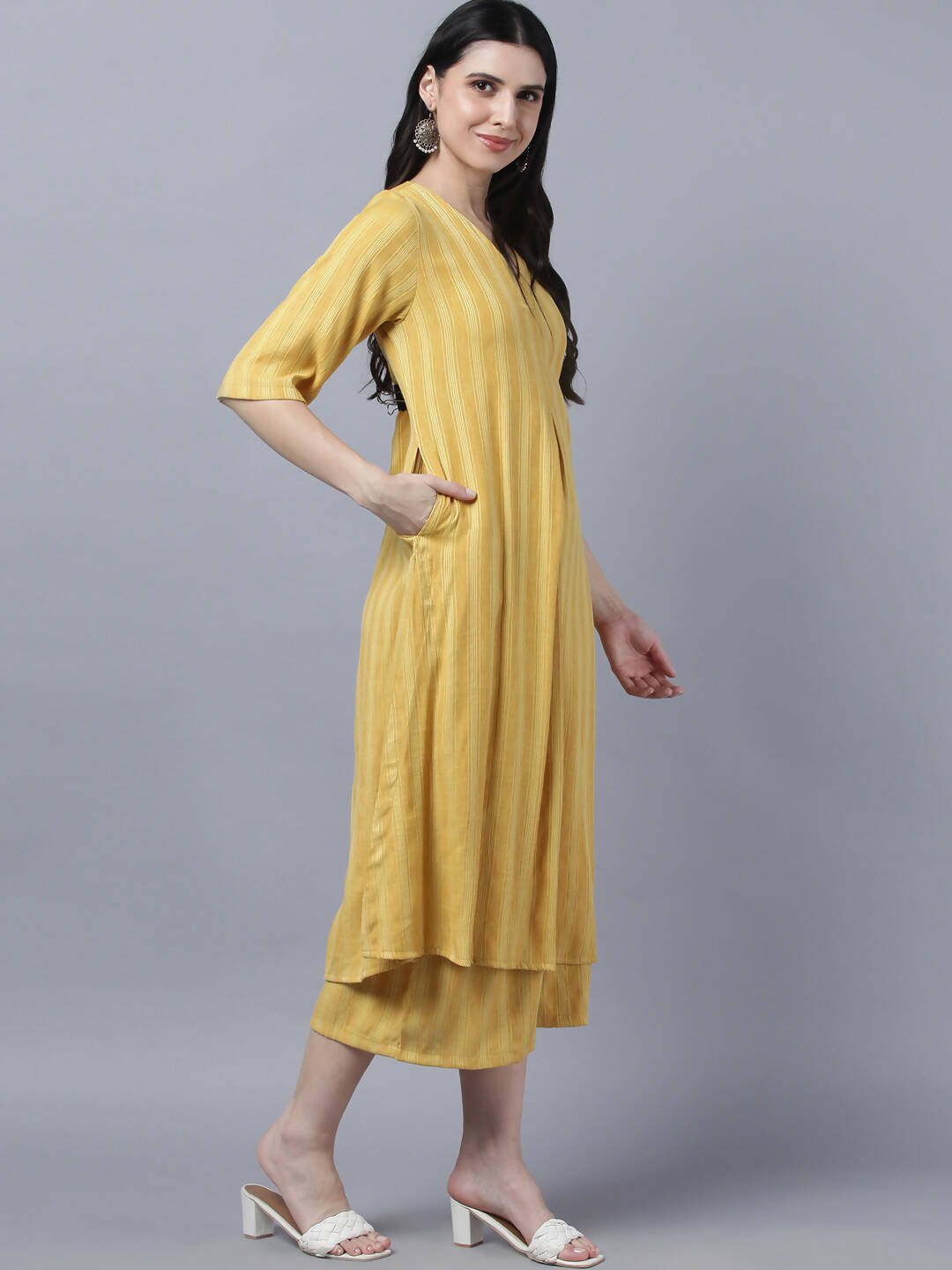 Myshka Stylish Yellow Cotton 3/4 Sleeve Women's Kurta Palazzo Set | Grocsy