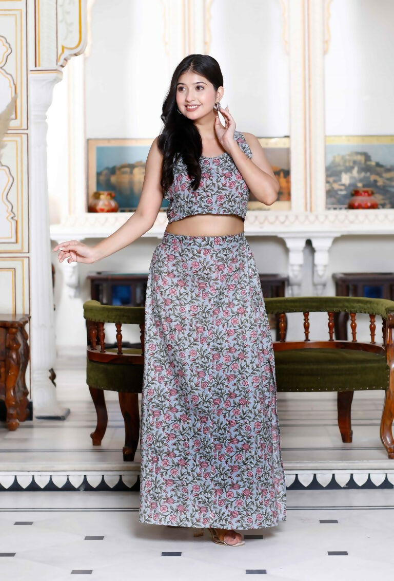Miravan Women's Grey Floral Printed Crop Top And Skirt Co-Ord Set | Grocsy