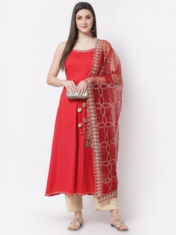 Myshka Red Color Silk blend Solid Kurta With Dupatta Set | Grocsy