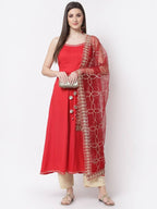Myshka Red Color Silk blend Solid Kurta With Dupatta Set | Grocsy