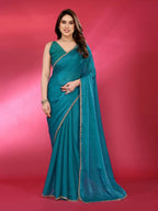 PR Fashion Firozi Jimmy Choo Fabric Palin With Work Lace Saree | Grocsy