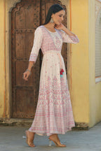 Juniper Women's Pink Viscose Shantoon Festive Printed Flared Dress | Grocsy