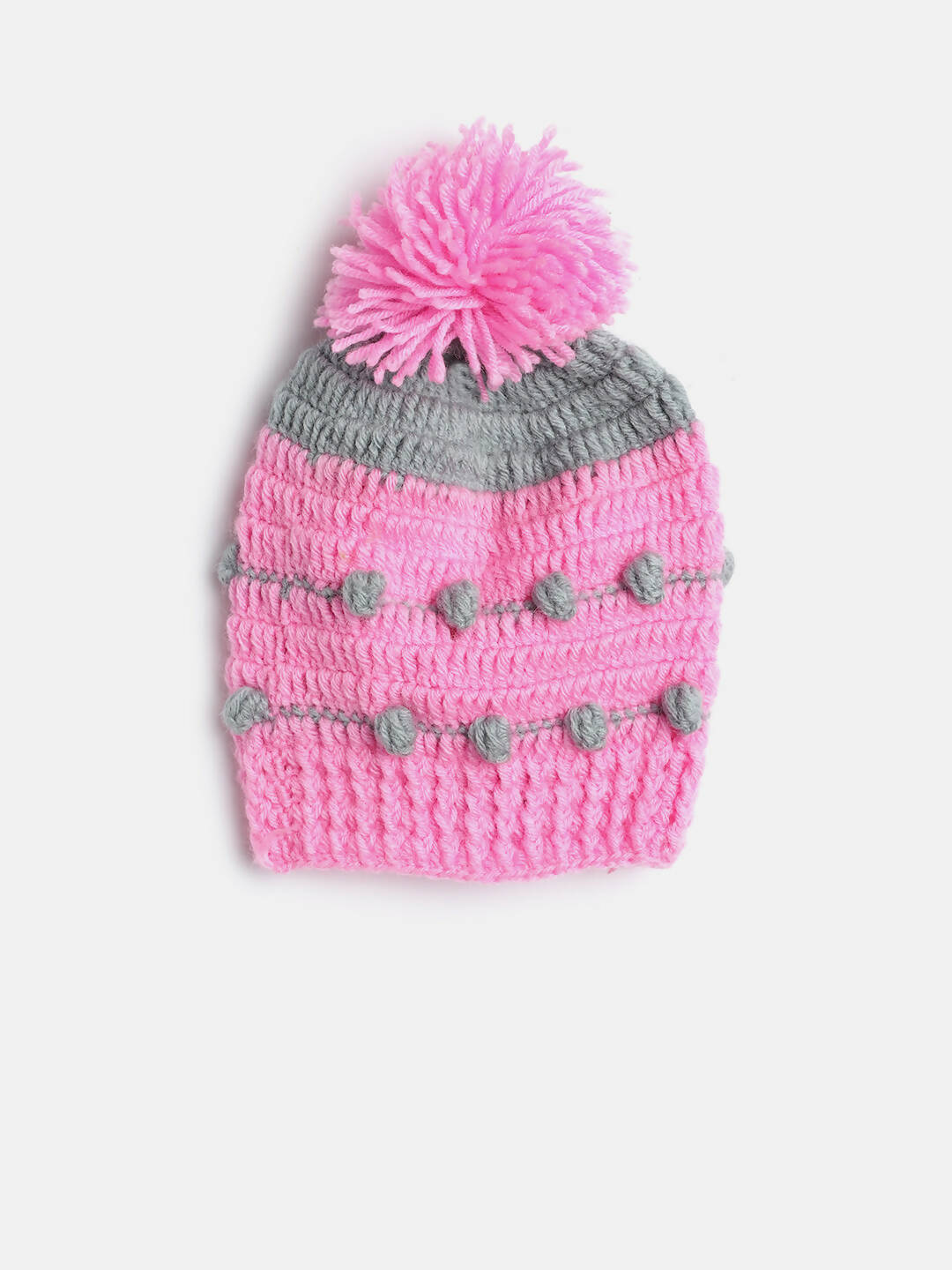 Chutput Kids Woollen Hand Knitted Pom Pom Detail Cap - Pink | Grocsy