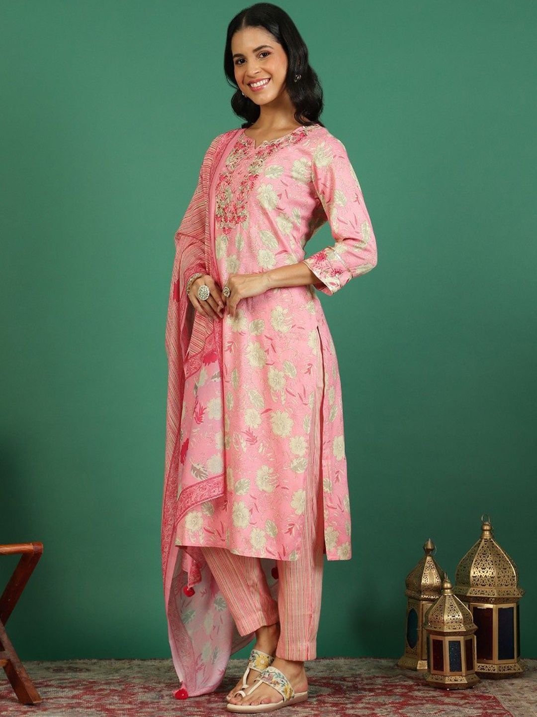 Sangria Floral Printed & Embroidered Kurta & Trouser With Dupatta | Grocsy