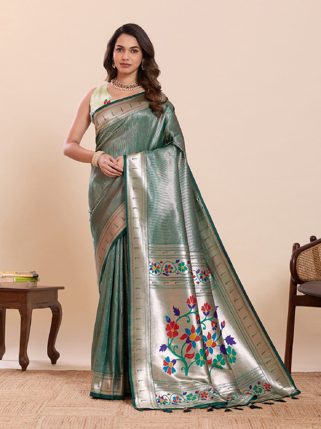 Dwija Fashion Green Wedding Wear Woven Lotus Motif Work Pure Soft Silk Saree With Unstitched Blouse | Grocsy