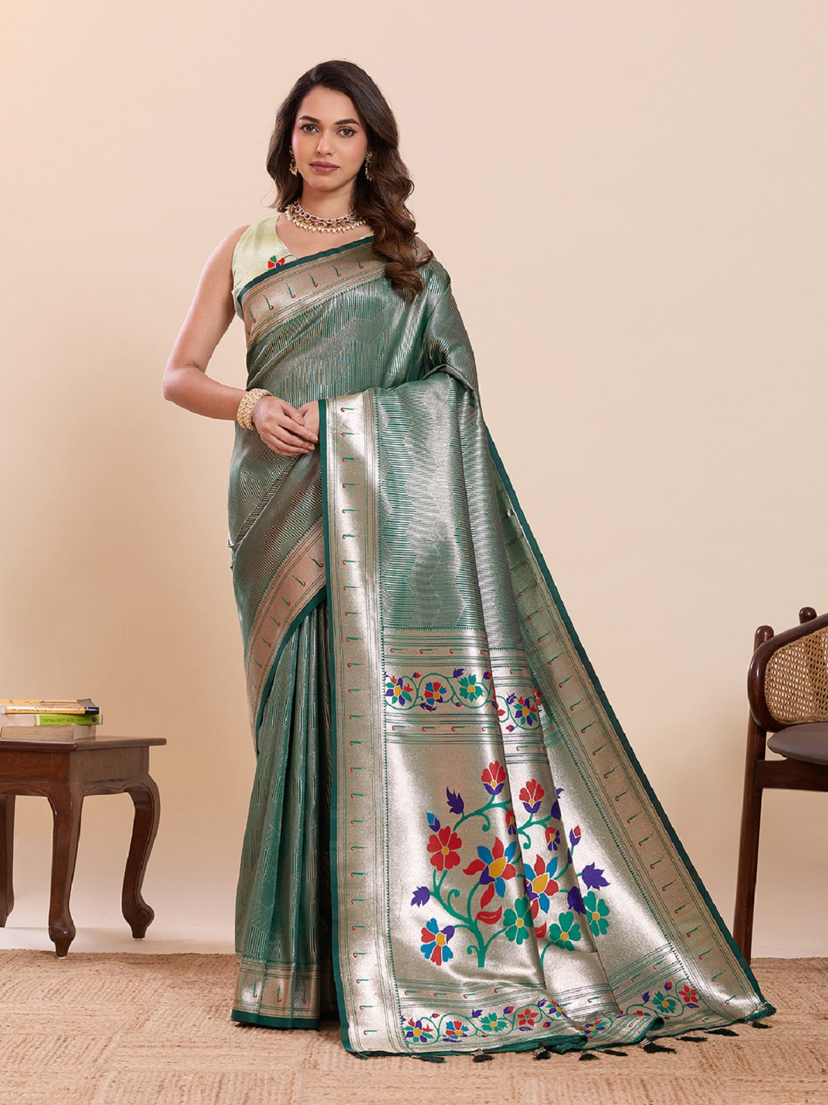 Dwija Fashion Green Wedding Wear Woven Lotus Motif Work Pure Soft Silk Saree With Unstitched Blouse | Grocsy
