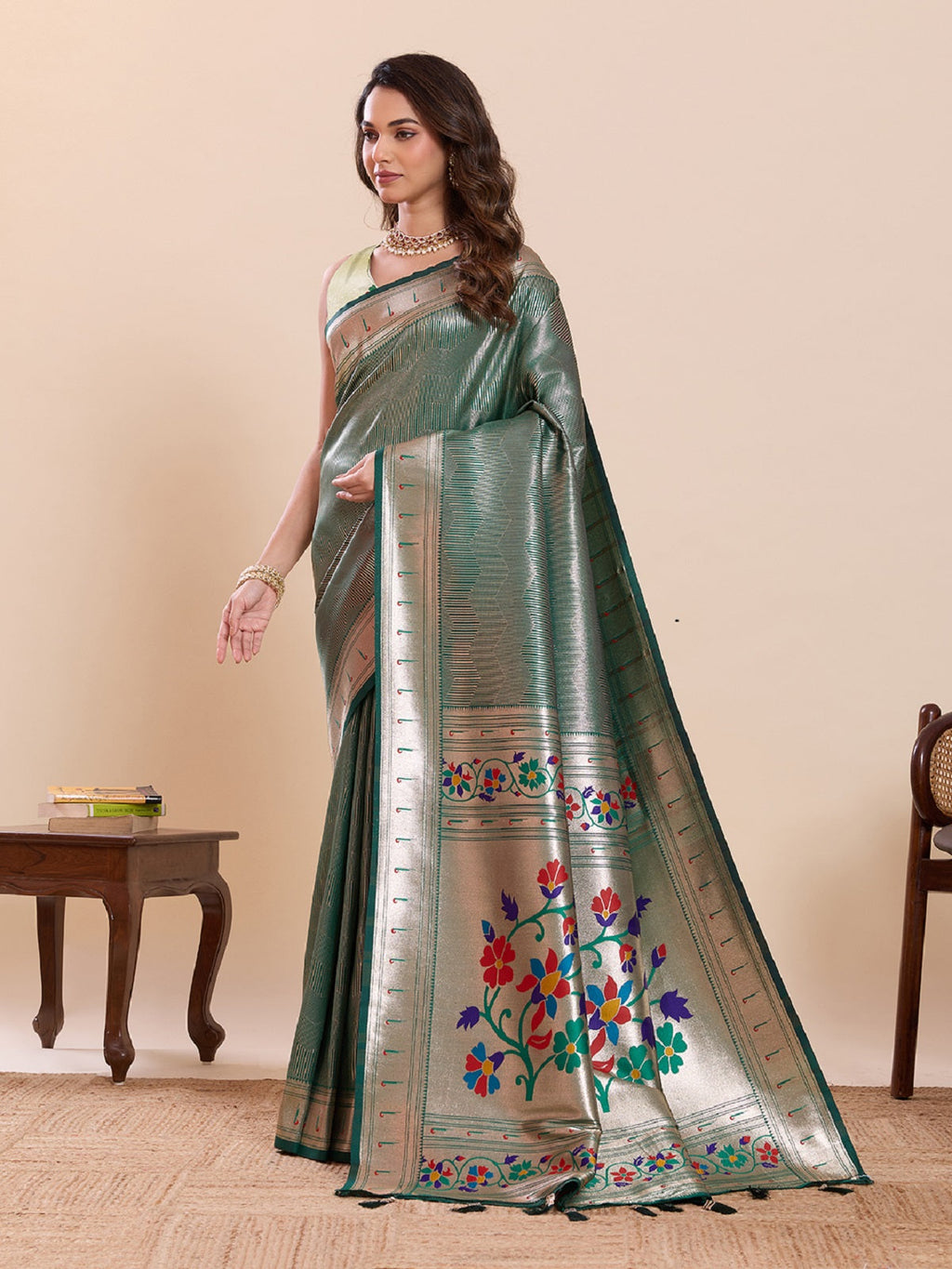 Dwija Fashion Green Wedding Wear Woven Lotus Motif Work Pure Soft Silk Saree With Unstitched Blouse | Grocsy