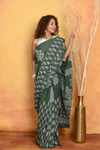 Very Much Indian Handblock Printed Cotton Saree With Natural Dyes - Green | Grocsy