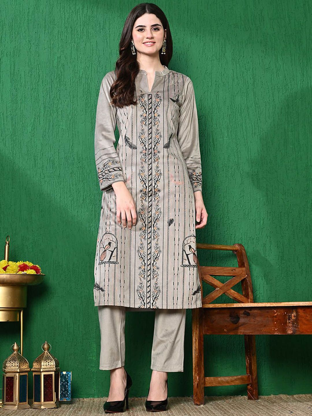 Sangria Printed Winter Velvet Kurta With Trouser | Grocsy