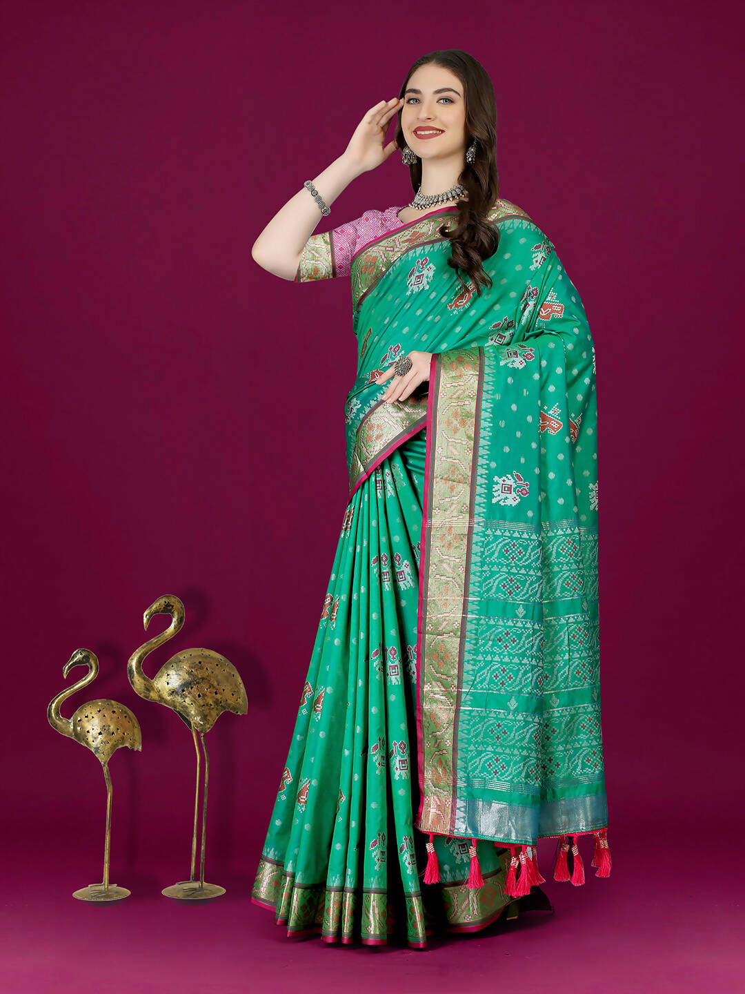 Lorenvalley Fashion Teal Patola Silk Woven Design Zari Meenakari Weaving Saree | Grocsy