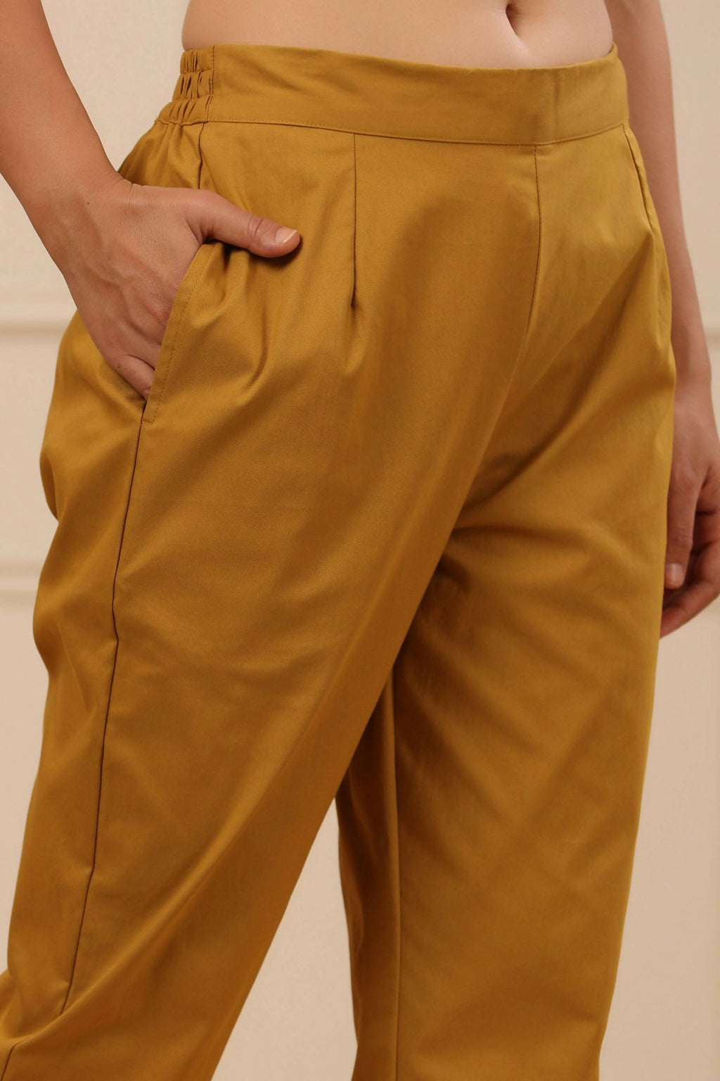 Juniper Women's Mustard Cotton Spendex Solid Straight Pant | Grocsy