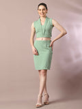 Myshka Women's Sea Green Solid Shawl Neck Party Top With Skirt Co-ord set | Grocsy