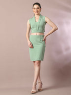 Myshka Women's Sea Green Solid Shawl Neck Party Top With Skirt Co-ord set | Grocsy