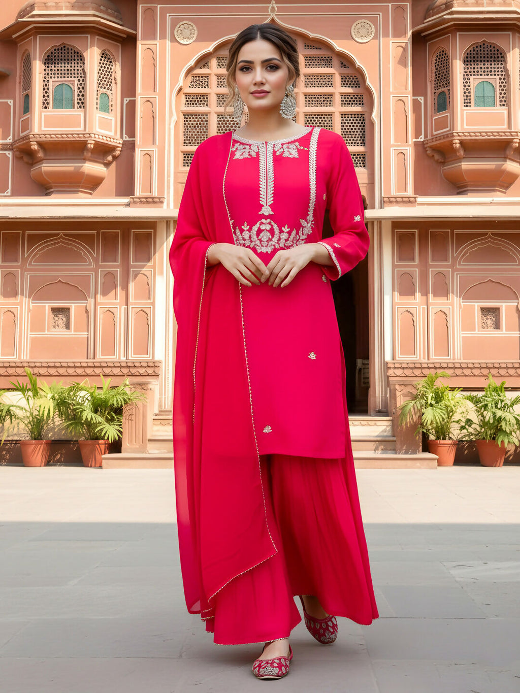 The52 Women's Gorgeous Embroidery Work Viscose Silk Fabric Straight Kurta Palazzo and Dupatta Set-Red | Grocsy