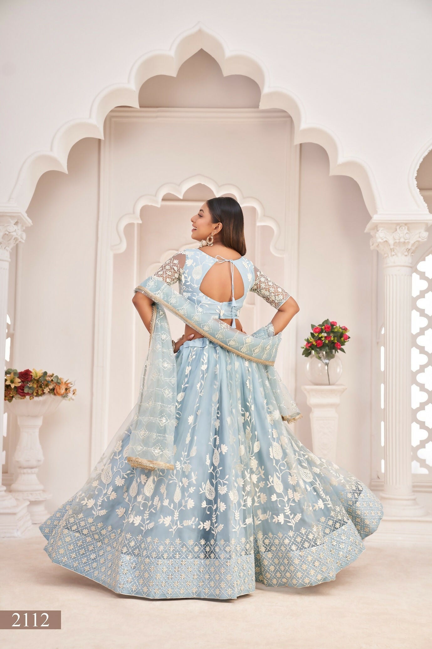 Eilara Women'S Sky Blue Butterfly Net Embroidered Thread Work Festivals Lehenga Choli | Grocsy