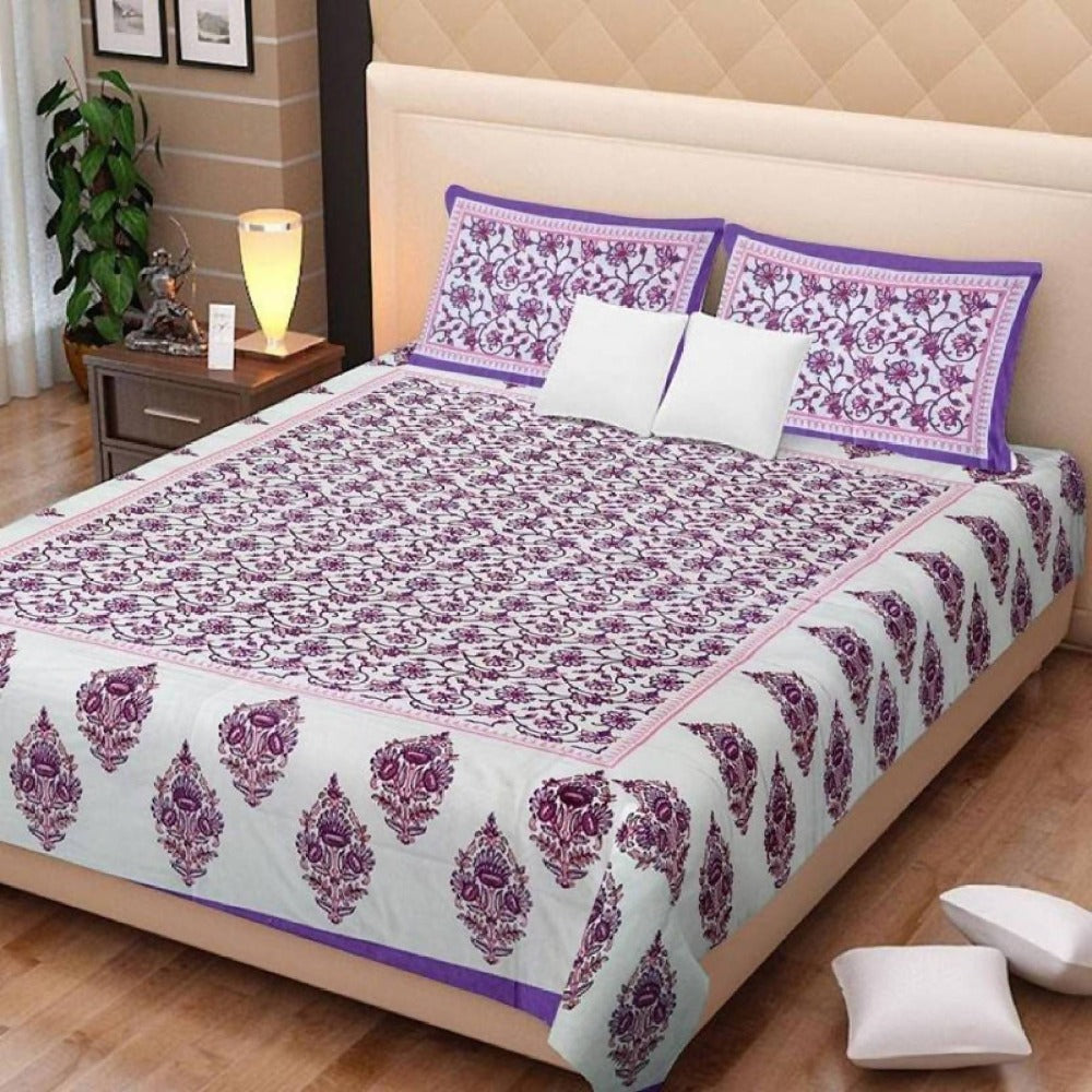 Vamika Printed Cotton White & Purple Bedsheet With Pillow Covers (LEOC_GMLA_PR) | Grocsy