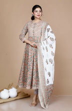 Miravan Women's Partywear Brown Floral Printed Gota Work Long Anarkali With Dupatta Set | Grocsy
