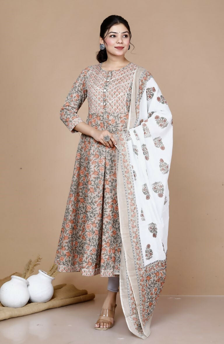 Miravan Women's Partywear Brown Floral Printed Gota Work Long Anarkali With Dupatta Set | Grocsy