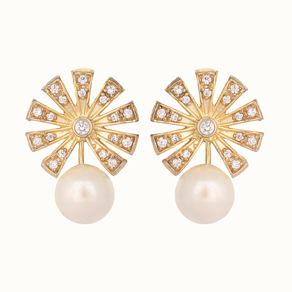 Nuyug 22K Gold-Plated Pearl Drop Zircon Floral Shaped Mini Stud Earrings | Grocsy