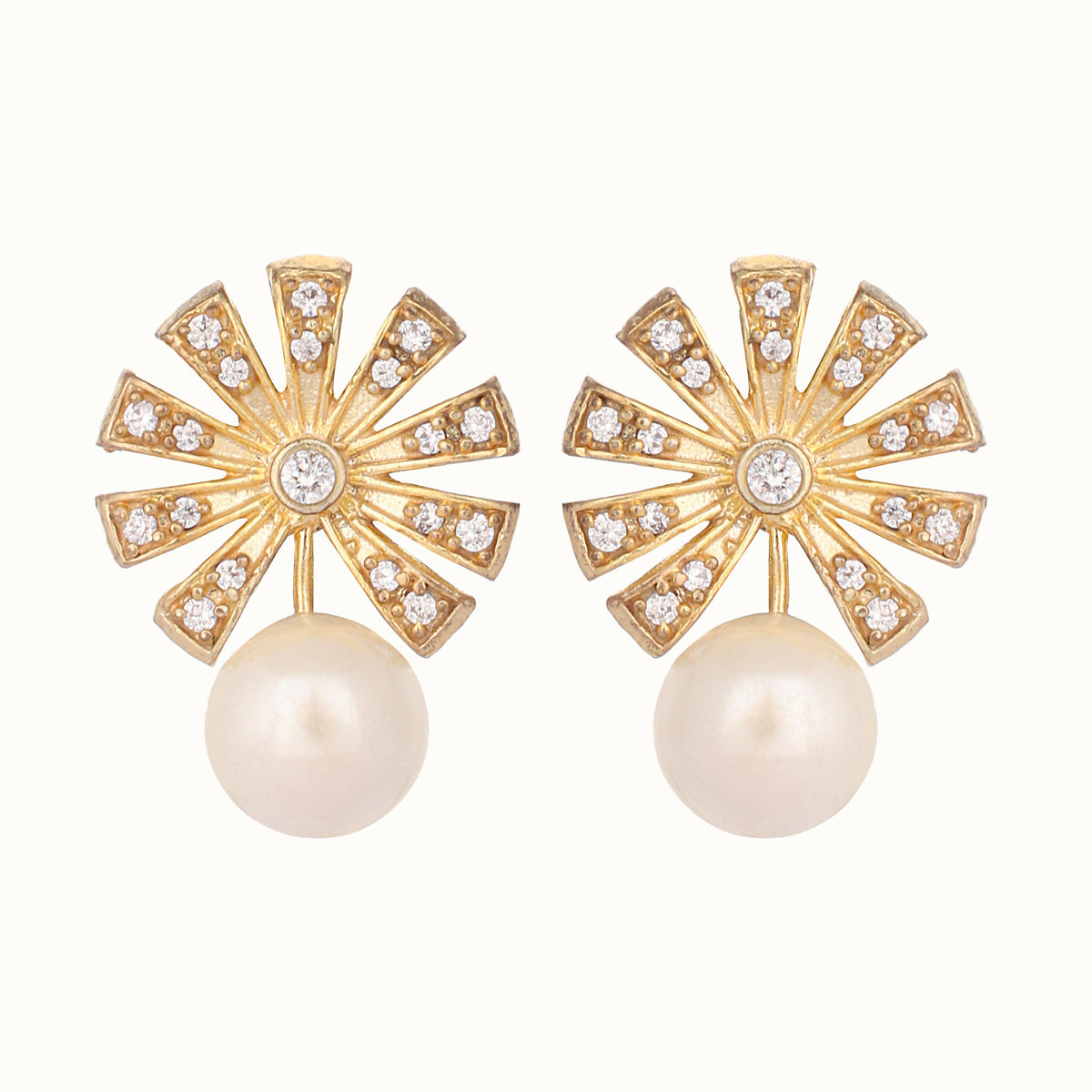 Nuyug 22K Gold-Plated Pearl Drop Zircon Floral Shaped Mini Stud Earrings | Grocsy