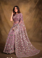 Light Purple Velvet Texture Net Designer Saree with Unstitched Blouse - Norita Mahitha | Grocsy