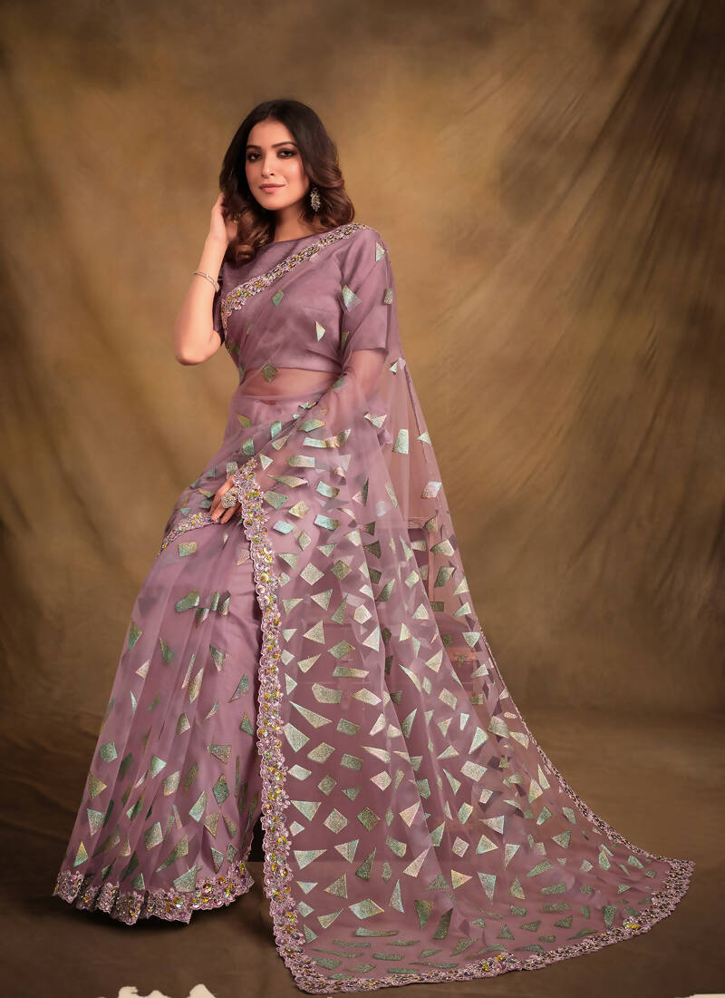 Light Purple Velvet Texture Net Designer Saree with Unstitched Blouse - Norita Mahitha | Grocsy