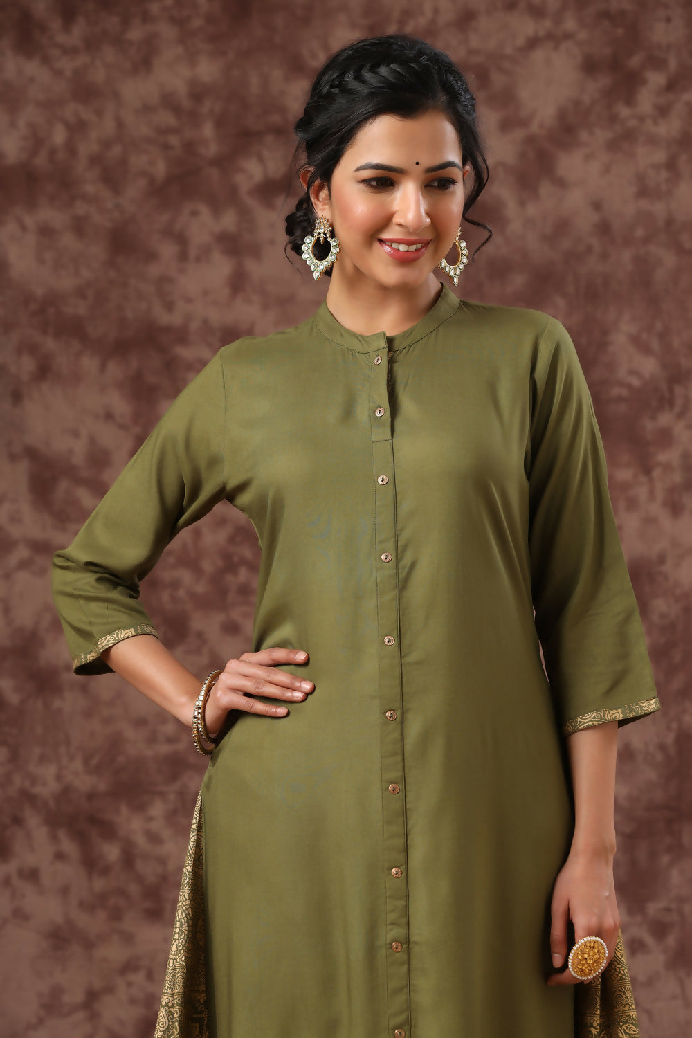 Juniper Olive Ethnic Motif Printed Rayon A-Line Women Kurta | Grocsy