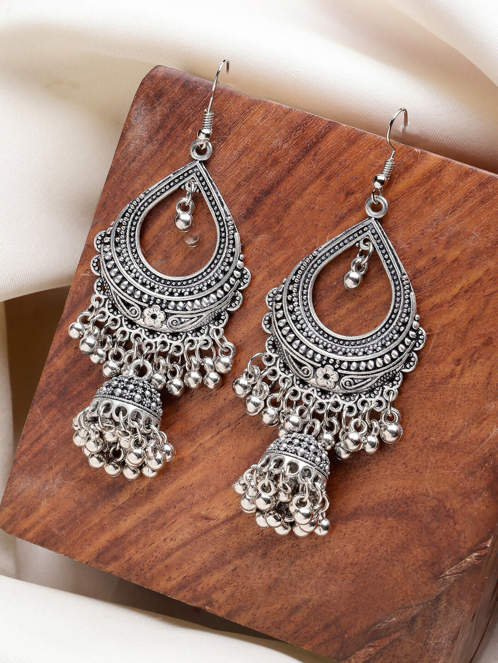 NVR Women's Silver-Plated German Silver Oxidized Jhumka Earrings | Grocsy