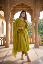 Teeya Creation Olive Green Embroidered Straight Suit Set With Dupatta | Grocsy