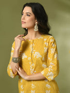 Myshka Women's Yellow Printed Cotton Round Neck Party Tunic With Trousers Co-ord set | Grocsy