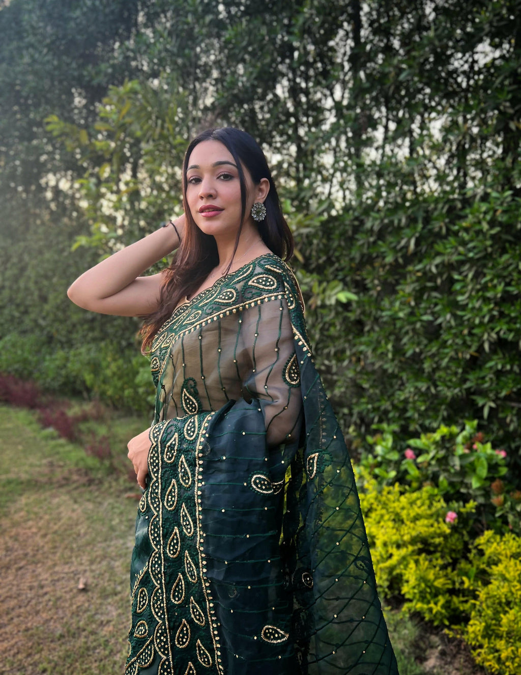 Vamsee Aaisa Green Organza Saree | Grocsy