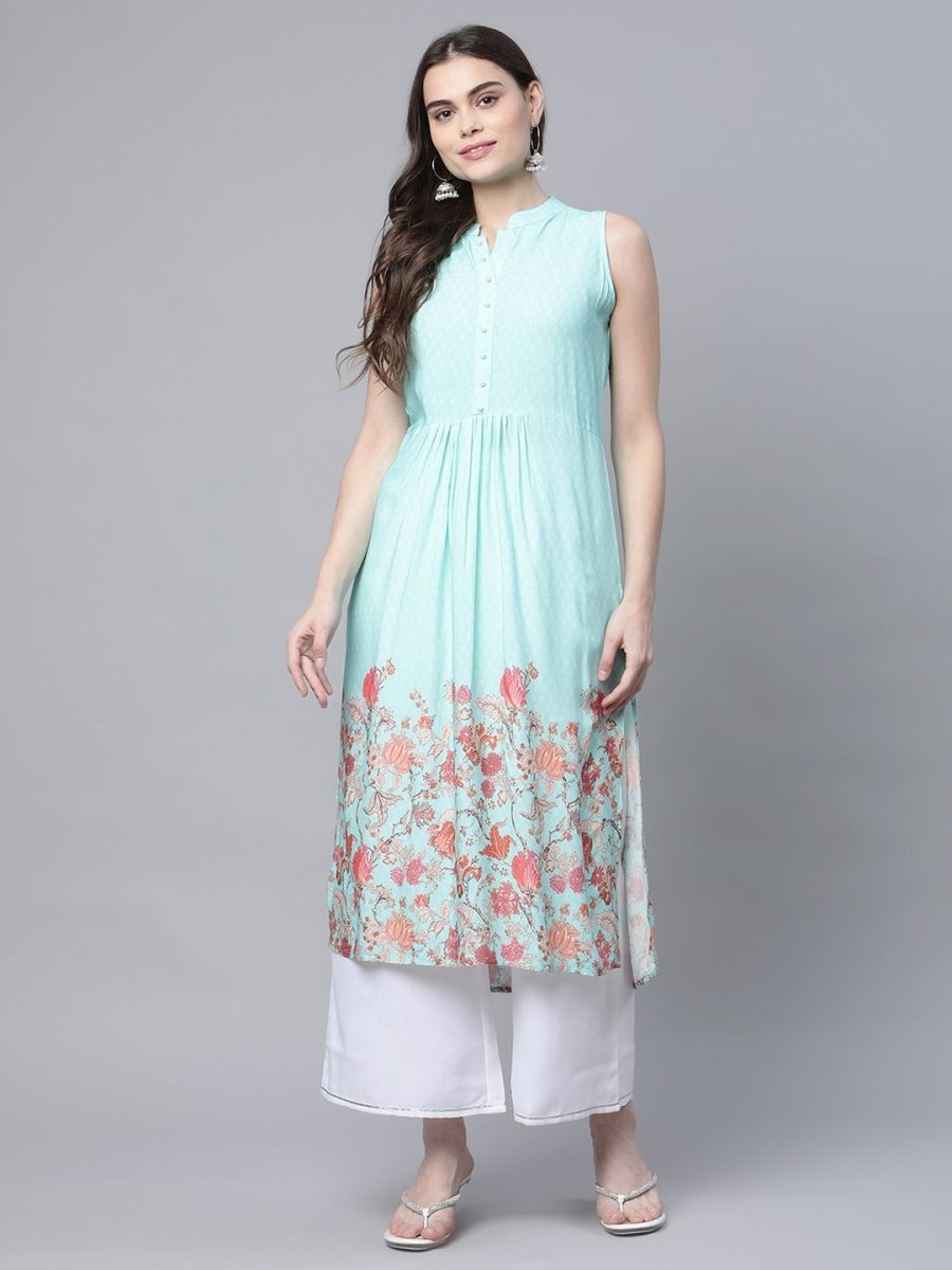Ahalyaa Women's Sky Blue Rayon Printed Kurta Palazzo Set | Grocsy