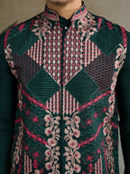 Vastranavya Green Exclusive Festival Viscose Silk Thread & Swarovski Embroidered Work Mens Wear Kurta & Koti | Grocsy
