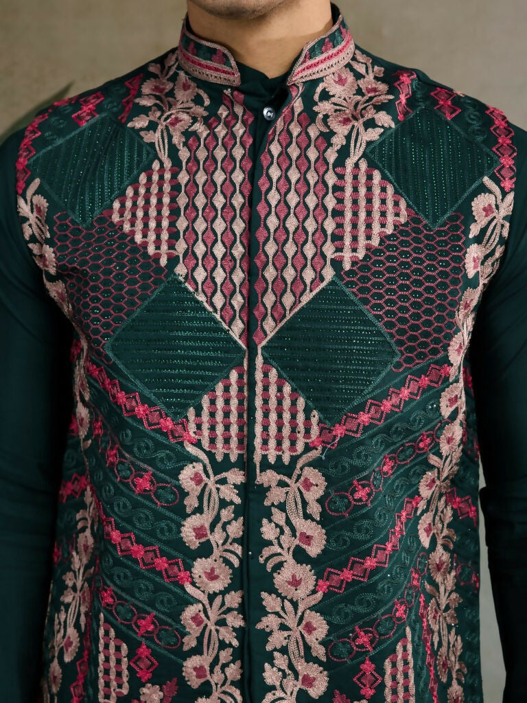 Vastranavya Green Exclusive Festival Viscose Silk Thread & Swarovski Embroidered Work Mens Wear Kurta & Koti | Grocsy