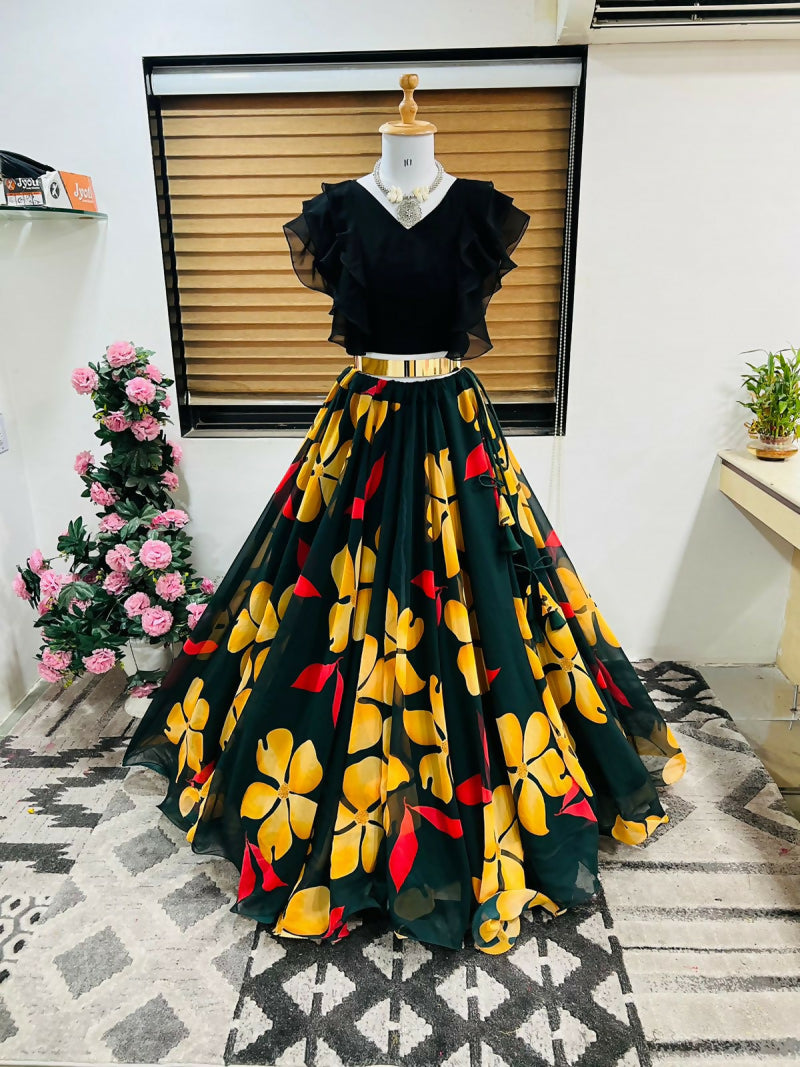 Dishitha Creation Floral Printed Stitched Lehenga & Crop Top - Black & Black | Grocsy