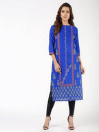 Aniyah Cotton Block Printed Straight Kurta Blue (AN-140K) | Grocsy