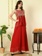 Myshka Women's Red Georgette Top With Skirt Party Sets | Grocsy