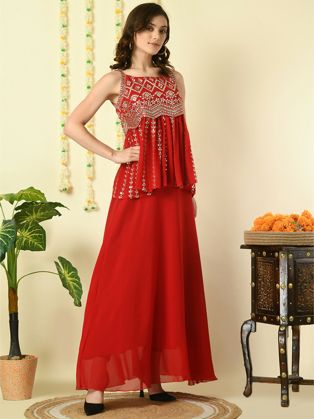 Myshka Women's Red Georgette Top With Skirt Party Sets | Grocsy