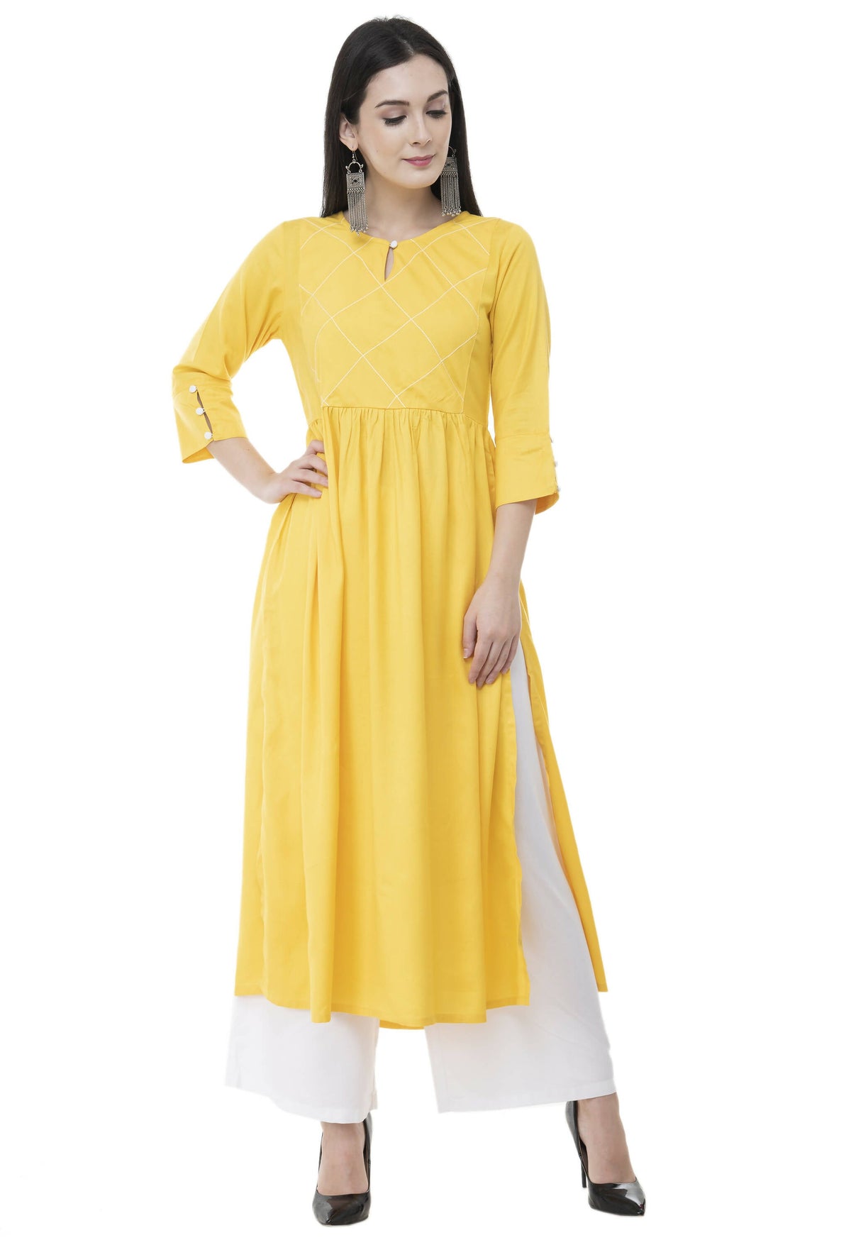 Women's Yellow Thread Work Emb Kurti With Side Slits - G & A Apparels | Grocsy